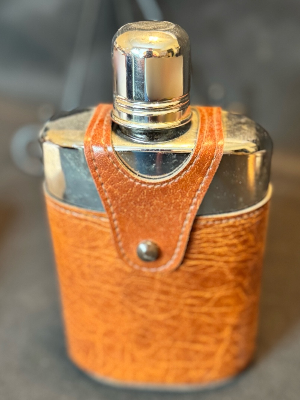 Vintage Glass Flask with Brown Leather Cover, Silver Cap